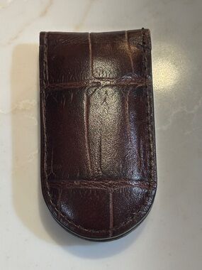 Vintage Fossil Dark Brown Croc-Embossed Print GenuineLeather Magnetic Money Clip